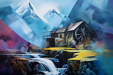 inspiring mountain peak watermill, abstract landscape art, painting background, wallpaper, generative ai