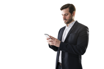 A businessman in a suit attentively looking at his smartphone, with a white background, in a clean and modern design context