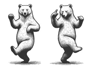 Naklejka premium Dancing standing bear pointing with its paw sketch engraving generative ai fictional character vector illustration. Scratch board imitation. Black and white image.
