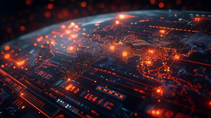 Depict a sleek, high-tech grid layout where lines of glowing stock market data connect various financial nodes, illustrating the global connectivity of trading markets.