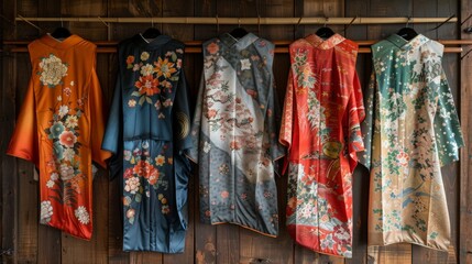 Creative arrangement of unbranded Japanese kimonos on a wooden floor.