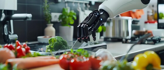 A robot chef is chopping broccoli in a kitchen