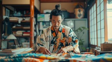 A traditional Japanese kimono artisan at work in a modern studio.