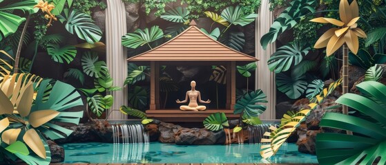 A woman in a yoga pose sits in a pavilion in the middle of a lush jungle - obrazy, fototapety, plakaty
