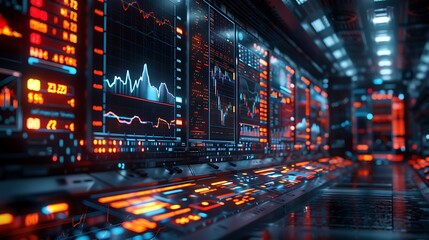 Depict a sophisticated financial analysis setup with multiple holographic displays showing live updates of stock market charts and forex rates, surrounded by digital data streams.