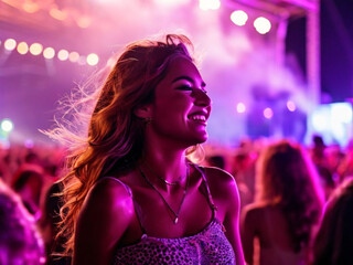 Naklejka premium A young Caucasian woman is dancing at a concert having a good time at an open air venue in the night.