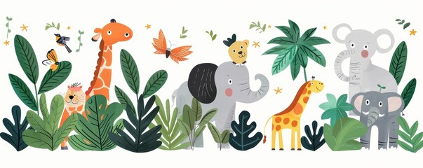A whimsical illustration of a giraffe, elephant, lion, and bear frolicking in a lush jungle with butterflies and birds