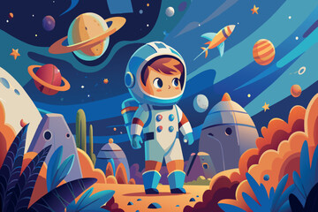 Naklejka premium A cartoon astronaut stands on a vibrant extraterrestrial landscape