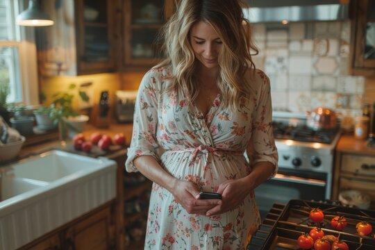 Pregnant woman in a floral dress using a smartphone in a cozy kitchen setting