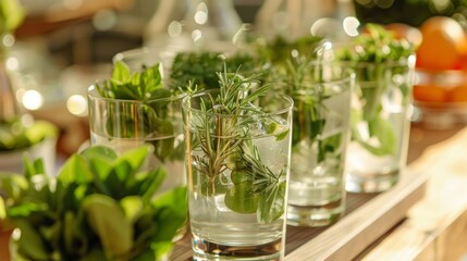 Bouquets of fresh herbs displayed on each table inviting guests to add a sprig or two to their mocktails for an extra burst of flavor. - obrazy, fototapety, plakaty