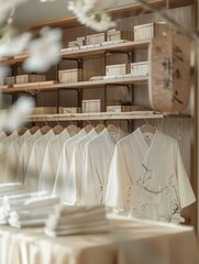 Minimalist display of unbranded Japanese kimonos in a boutique setting.