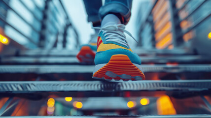 Person climbing stairs in sneakers.