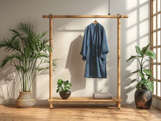 Modern, unbranded Japanese kimono hanging on a sleek wooden hanger.
