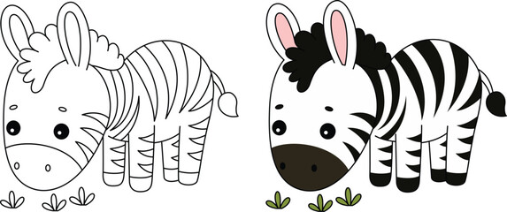 Cute kawaii zebra is grazing cartoon character coloring page vector illustration. © Saly