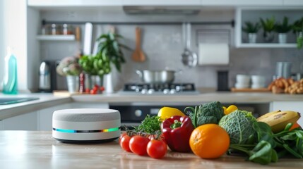 A virtual assistant sits on a kitchen counter