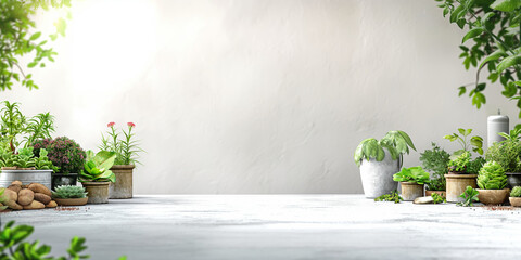 Home garden copy space creative background. Plants, seedlings and flowers in a pots on a white background.
