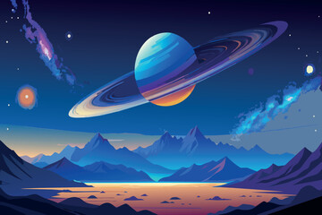 A massive ringed planet rising over an alien mountainous horizon