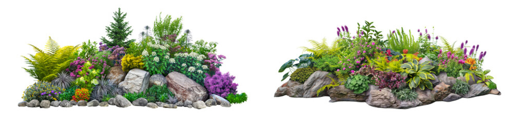 beautiful and colorful garden bed with various plants isolated on white or transparent background
