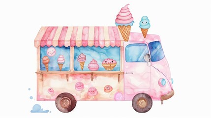 A watercolor illustration of a pink ice cream truck. The truck has a large window on the side and a striped awning. There are two ice cream cones on the roof of the truck.
