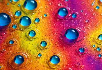 Bright abstract colorful liquid background with drops and bubbles