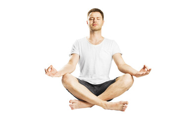 A man in a white t-shirt and black shorts meditating, isolated on a white background, illustrating...