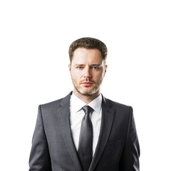 A professional businessman in a gray suit poses against a white background, conveying a corporate concept