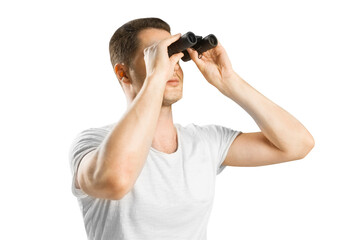 A man looking through binoculars, isolated on a white background, depicting the concept of...