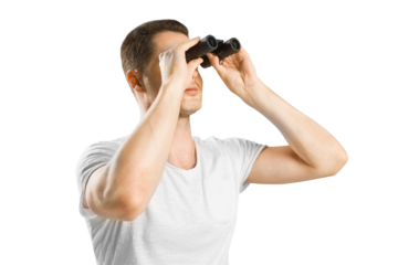 A man looking through binoculars, isolated on a white background, depicting the concept of observation or search