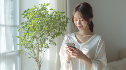 笑顔でスマホを操作する女性