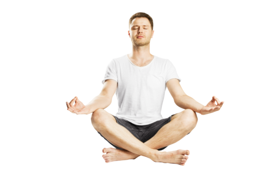 A man in a white t-shirt and black shorts meditating, isolated on a white background, illustrating peace and mindfulness