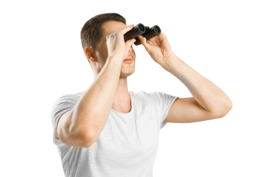 A man looking through binoculars, isolated on a white background, depicting the concept of observation or search - Powered by Adobe