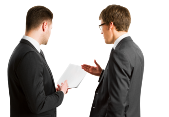 Two businessmen in a discussion, one holding a document, against a white background, illustrating corporate communication