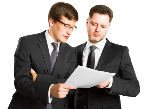 Two businessmen in suits discussing a document, isolated on a white background, concept of collaboration and business review