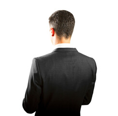 Rear view of a man in a black suit, standing against a white background, concept of professional presentation
