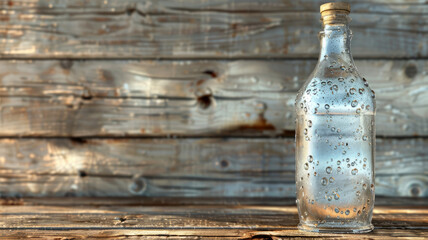 Glass water bottle with droplets on wood surface.