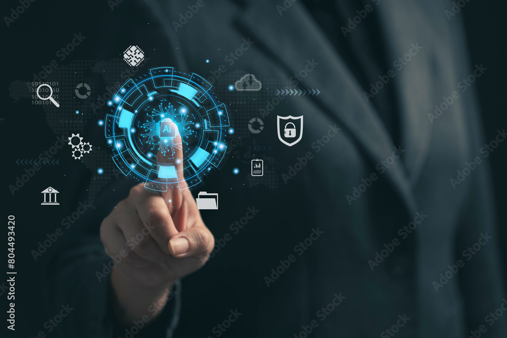 Poster businessman is using his finger to touch a virtual reality screen. the concept of using ai technolog