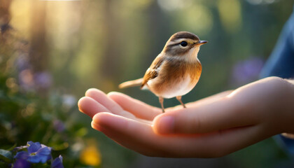 small girl delicately holds a bird in her cupped hands, conveying care and gentleness