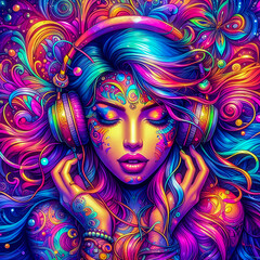 Digital art vibrant colorful psychedelic beautiful woman with headphones vibin to music