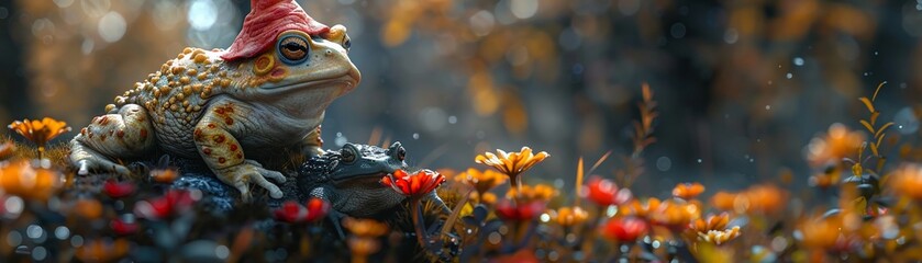 A whimsical fantasy pet vibrant gnome riding a toad illustrated with a clear lowdetail backdrop perfect for playful educational materials with text