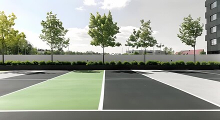 Empty parking lot with green markings in convenient city location . Concept City Parking, Urban Location, Green Markings, Convenient, Empty Lot
