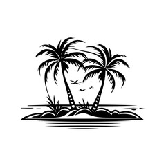 Coconut trees on an island by the sea black and white background vector illustration