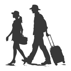 silhouette man and woman traveling with suitcase black color only