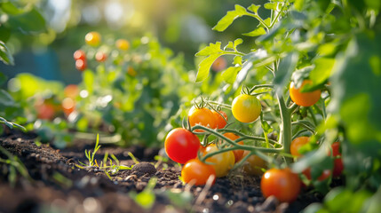 Ripe and red tomatoes growing in a home garden. Growing own vegetables in a garden by the house. Organic and ecological cultivation in own yard.
