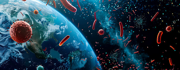 Microbes in the Earth's atmosphere. Outdoor space. Beginning of life. - obrazy, fototapety, plakaty