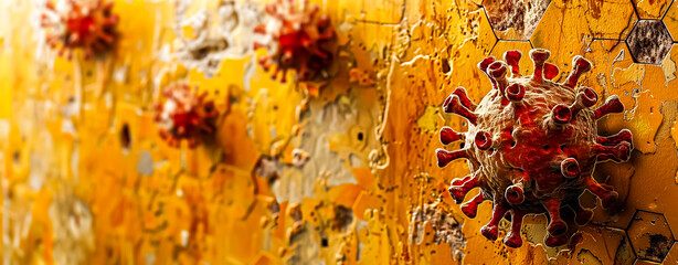 Prepared for the next pandemic? A virus on a yellow background. Biological danger. - obrazy, fototapety, plakaty