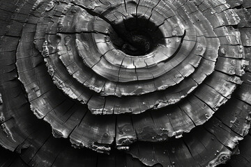 A closeup black and white photo of the crosssection of an old tree trunk, with visible rings in high resolution. Created with Ai