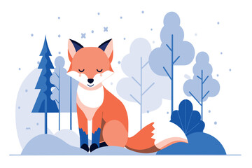 A fox sits in the snow with trees in the background, showcasing the beautiful winter scene