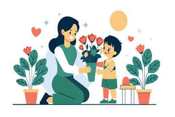 Boy presents flowers to smiling woman; plants and hearts around