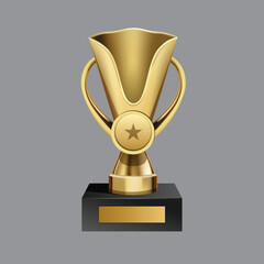 Gold trophy cup, Gold trophy with the name plate of the winner of the competition, Champion Prizes Collection Vector Illustration