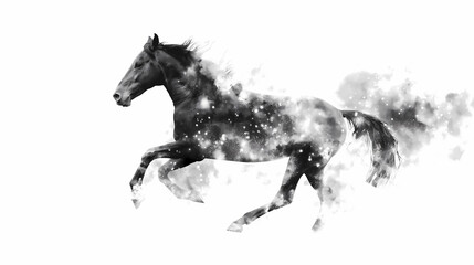 Beautiful running dark horse on white background.